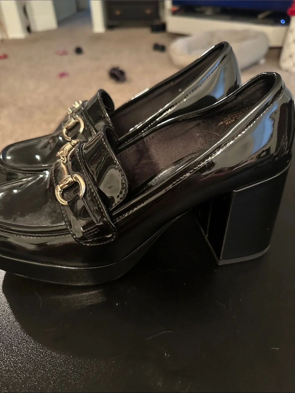 H&M Black Patent Loafers with Gold Bit Detail